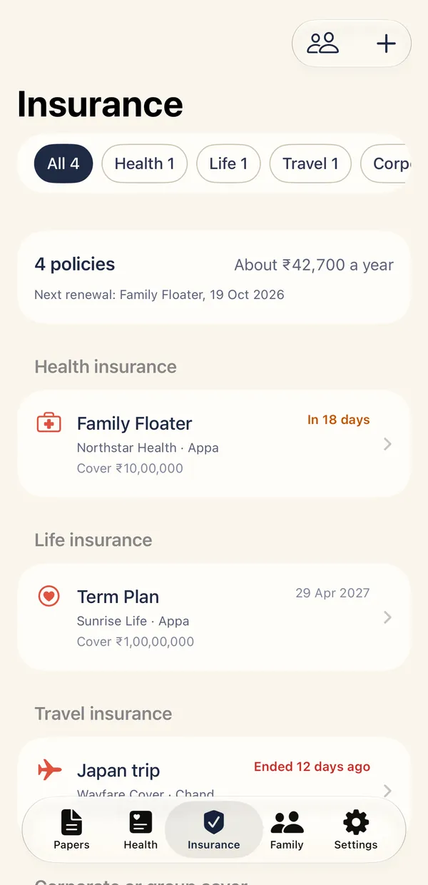 The Insurance tab, with policies and the next renewal