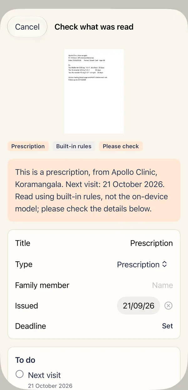 The check screen, showing what was read from a paper