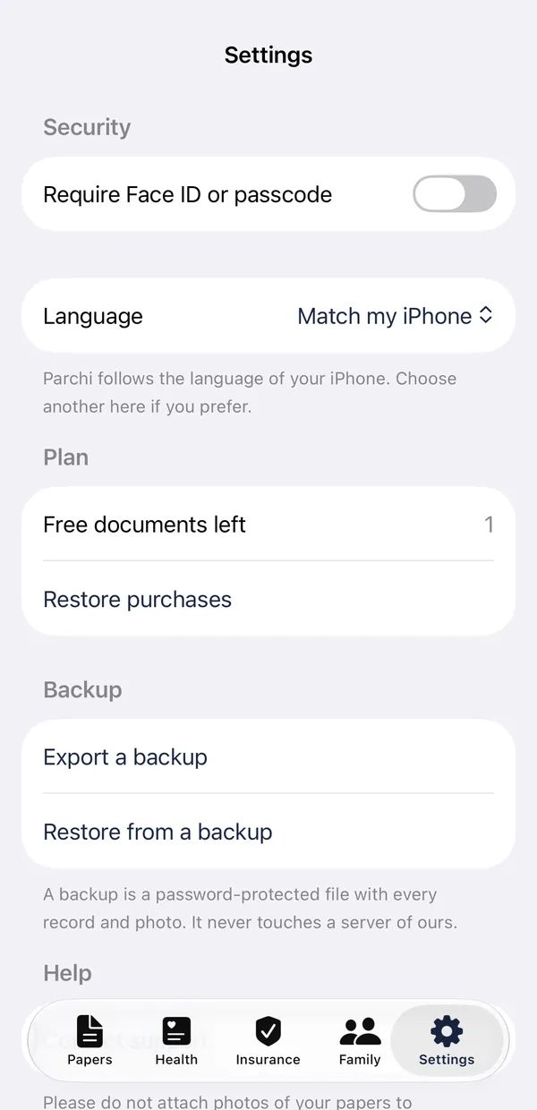 The Settings tab, with lock, language and backup